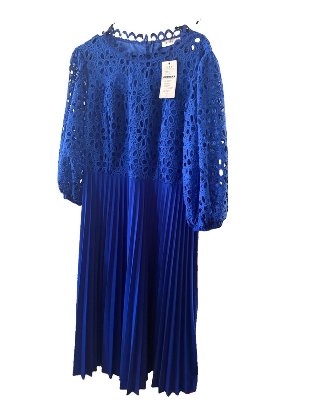 Women's Midi Dress with Lace Bodice and Pleated Skirt - Blue